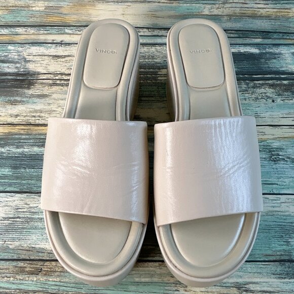 VINCE. Polina Platform Slide Sandal Womens Sz 6M Beige All Leather Slip On Wedge - Picture 4 of 12